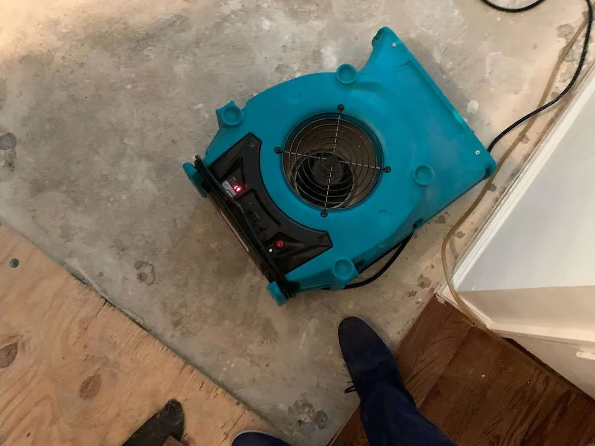 Air mover drying subfloor during Commercial Water Damage Restoration in Rockville